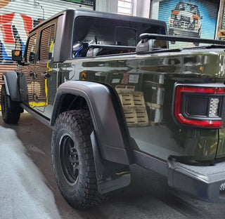 Rally Armor Black Mud Flap: Jeep Gladiator 2020-2024 w/ Army Green Logo (MF104-BLK-AGN)