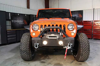Fishbone Offroad Black Textured Powdercoated Stubby Bumper w/ Tube Guard: Jeep Wrangler JK (07-18)