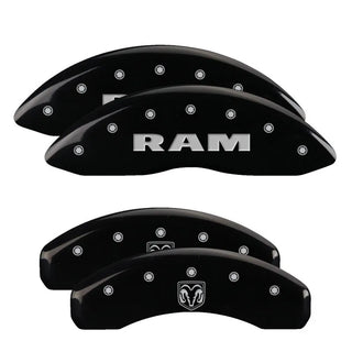 MGP Caliper Covers (FRONT AND REAR): Ram 1500 (19-21) w/ Black Finish, Silver Characters, RAM Logo, RAMHEAD Engraved