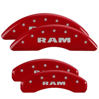 MGP Caliper Covers (FRONT AND REAR): Ram 1500 (2019-2024) w/ Red Finish, Silver Characters, RAM Logo