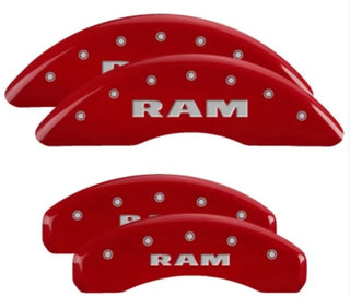 MGP Caliper Covers (FRONT AND REAR): Ram 1500 (2019-2024) w/ Red Finish, Silver Characters, RAM Logo
