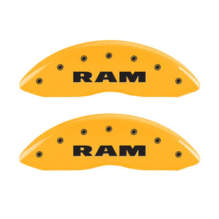MGP Caliper Covers (FRONT AND REAR): Ram 1500 (11-18) / 1500 Classic (19-24) w/ Yellow Finish, Black Characters, RAM Logo