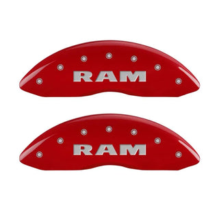 MGP Caliper Covers (FRONT AND REAR): Ram 2500 / 3500 (11-18) w/ Red Finish, Silver Characters, RAM Logo