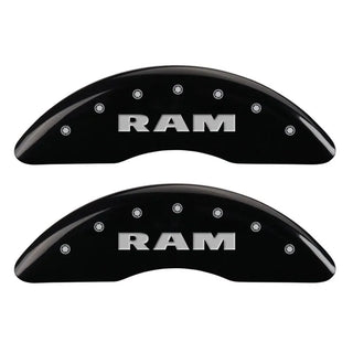MGP Caliper Covers (FRONT AND REAR): Ram 2500 / 3500 (11-18) w/ Black Finish, Silver Characters, RAM Logo