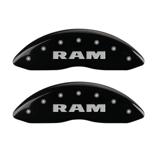 MGP Caliper Covers (FRONT AND REAR): Ram 2500 / 3500 (11-18) w/ Black Finish, Silver Characters, RAM Logo