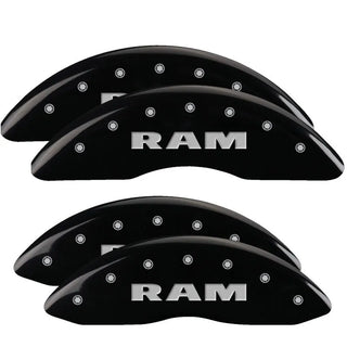 MGP Caliper Covers (FRONT AND REAR): Ram 2500 / 3500 (11-18) w/ Black Finish, Silver Characters, RAM Logo