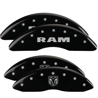 MGP Caliper Covers (FRONT AND REAR): Ram 2500 / 3500 (11-18) w/ Black Finish, Silver Characters, RAMHEAD Logo