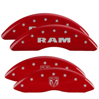 MGP Caliper Covers (FRONT AND REAR): Ram 2500 / 3500 (11-18) w/ Red Finish, Silver Characters, RAMHEAD Logo