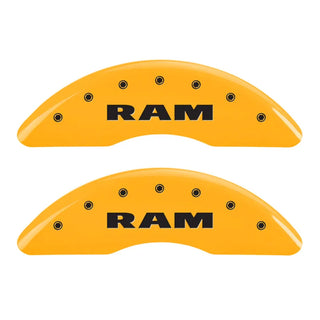 MGP Caliper Covers (FRONT AND REAR): Ram 2500 / 3500 (11-18) w/ Yellow Finish, Black Characters, RAM Logo