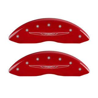 MGP Caliper Covers (FRONT AND REAR): Chrysler 300 (2011-2023) w/ Red Finish, Silver Characters, CHRYSLER WING Logo