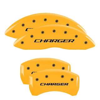 MGP Yellow Caliper Covers Charger Block Logo (F&R): Dodge Charger R/T 2006-2010 5.7L HEMI