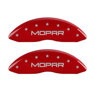 MGP Caliper Covers (FRONT AND REAR): Chrysler 300 (2011-2023) w/ Red Finish, Silver Characters, MOPAR Logo