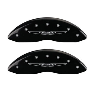 MGP Caliper Covers (FRONT AND REAR): Chrysler 300 (2011-2023) w/ Black Finish, Silver Characters, CHRYSLER WING Logo