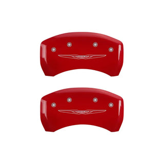 MGP Caliper Covers (FRONT AND REAR): Chrysler 300 (2011-2023) w/ Red Finish, Silver Characters, CHRYSLER WING Logo