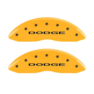 MGP Caliper Covers (FRONT AND REAR): Dodge Durango (07-09) / Ram 1500 (06-10) w/ Yellow Finish, Black Characters, DODGE Logo