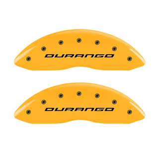 MGP Caliper Covers (FRONT AND REAR): Dodge Durango (07-09) / Ram 1500 (06-10) w/ Yellow Finish, Black Characters, DURANGO Logo