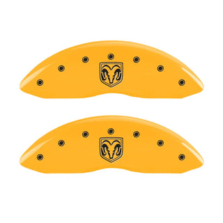MGP Caliper Covers (FRONT AND REAR): Dodge Durango (07-09) / Ram 1500 (06-10) w/ Yellow Finish, Black Characters, RAMHEAD Logo