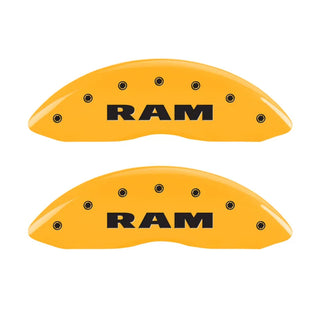 MGP Caliper Covers (FRONT AND REAR): Dodge Durango (07-09) / Ram 1500 (06-10) w/ Yellow Finish, Black Characters, RAMHEAD Logo
