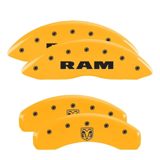 MGP Caliper Covers (FRONT AND REAR): Dodge Durango (07-09) / Ram 1500 (06-10) w/ Yellow Finish, Black Characters, RAMHEAD Logo