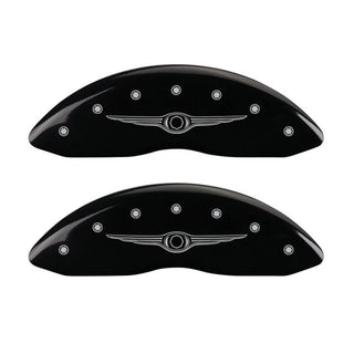 MGP Caliper Covers (FRONT AND REAR): Chrysler 300 (2005-2010) w/ Black Finish, Silver Characters, CHRYSLER WING Logo
