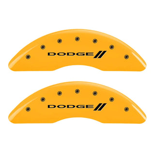 MGP Caliper Covers (FRONT AND REAR): Dodge Ram 2500 / Ram 3500 (2010) w/ Yellow Finish, Black Characters, DODGE Logo