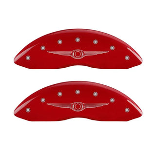 MGP Caliper Covers (FRONT AND REAR): Chrysler 300 (2005-2010) w/ Red Finish, Silver Characters, CHRYSLER WING Logo