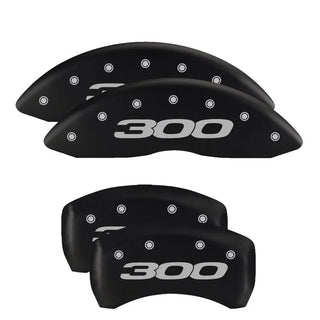 MGP Caliper Covers (FRONT AND REAR): Chrysler 300 (2005-2010) w/ Black Finish, Silver Characters, CHRYSLER WING Logo