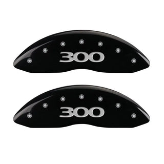 MGP Caliper Covers (FRONT AND REAR): Chrysler 300 (2005-2010) w/ Black Finish, Silver Characters, 300 Logo