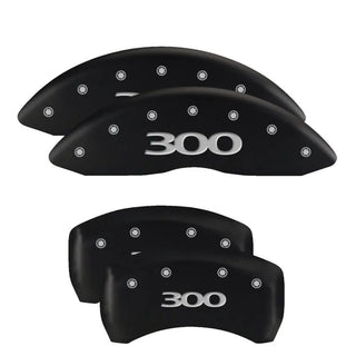 MGP Caliper Covers (FRONT AND REAR): Chrysler 300 (2005-2010) w/ Black Finish, Silver Characters, 300 Logo