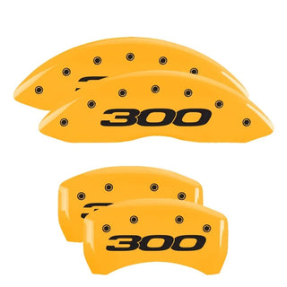 MGP Caliper Covers (FRONT AND REAR): Chrysler 300 (2011-23) w/ Yellow Finish, Black Characters, 300 Logo