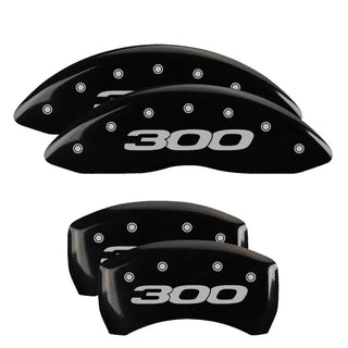 MGP Caliper Covers (FRONT AND REAR): Chrysler 300 (11-23) w/ Black Finish, Silver Characters, 300 Logo
