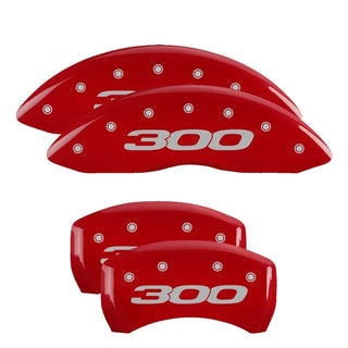MGP Caliper Covers (FRONT AND REAR): Chrysler 300 (11-23) w/ Red Finish, Silver Characters, 300 Logo