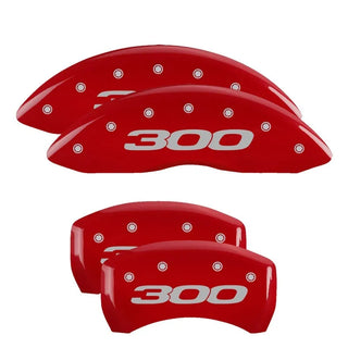 MGP Caliper Covers (FRONT AND REAR): Chrysler 300 (11-23) w/ Red Finish, Silver Characters, 300 Logo