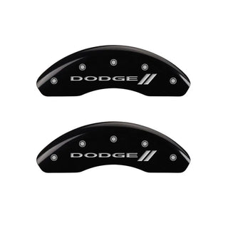 MGP Caliper Covers (FRONT AND REAR): Dodge Neon (2003-2005) w/ Black Finish, Silver Characters, DODGE Logo, With Stripes