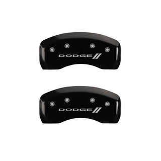 MGP Caliper Covers (FRONT AND REAR): Dodge Neon (2003-2005) w/ Black Finish, Silver Characters, DODGE Logo, With Stripes