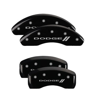 MGP Caliper Covers (FRONT AND REAR): Dodge Neon (2003-2005) w/ Black Finish, Silver Characters, DODGE Logo, With Stripes