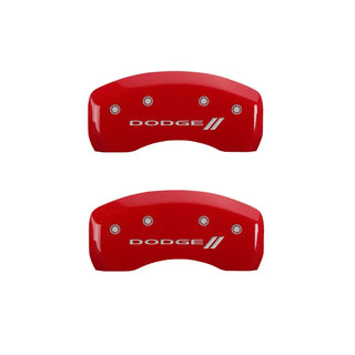 MGP Caliper Covers (FRONT AND REAR): Dodge Neon (2003-2005) w/ Red Finish, Silver Characters, DODGE Logo, With Stripes