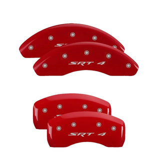 MGP Caliper Covers (FRONT AND REAR): Dodge Neon (2003-2005) w/ Red Finish, Silver Characters, SRT-4 Logo
