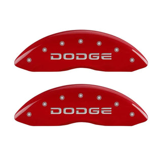 MGP Caliper Covers (FRONT AND REAR): Dodge Durango (07-09) / Ram 1500 (06-10) w/ Red Finish, Silver Characters, DODGE Logo