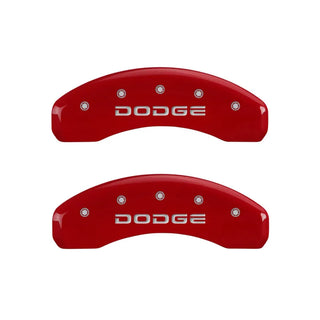 MGP Caliper Covers (FRONT AND REAR): Dodge Durango (07-09) / Ram 1500 (06-10) w/ Red Finish, Silver Characters, DODGE Logo