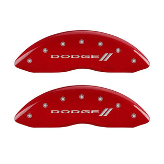 MGP Caliper Covers (FRONT AND REAR): Dodge Durango (07-09) / Ram 1500 (06-10) w/ Red Finish, Silver Characters, DODGE Logo