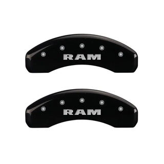 MGP Caliper Covers (FRONT AND REAR): Dodge Durango (07-09) / Ram 1500 (06-10) w/ Black Finish, Silver Characters, RAM Logo