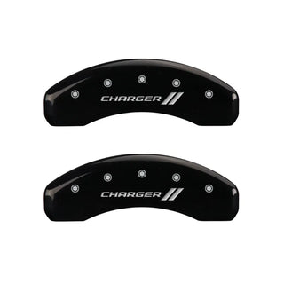 MGP Caliper Covers (F&R): Fits Dodge (06-20) w/ STRIPES Logo - Black