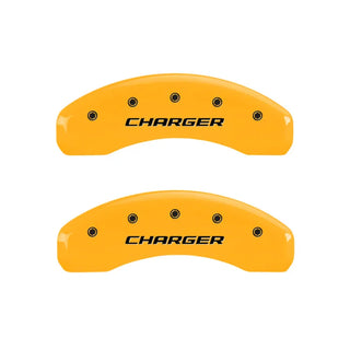 MGP Caliper Covers (F&R): Dodge Challenger / Charger / Magnum (05-23) w/ Yellow Finish, Black Logo