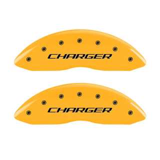 MGP Caliper Covers (F&R): Dodge Challenger / Charger / Magnum (05-23) w/ Yellow Finish, Black Logo