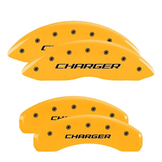 MGP Caliper Covers (F&R): Dodge Challenger / Charger / Magnum (05-23) w/ Yellow Finish, Black Logo
