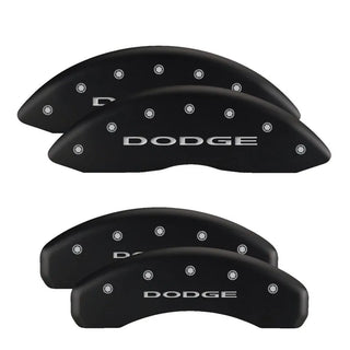 MGP Caliper Covers (FRONT AND REAR): Dodge Ram 2500 / Ram 3500 (2010) w/ Black Finish, Silver Characters, DODGE Logo