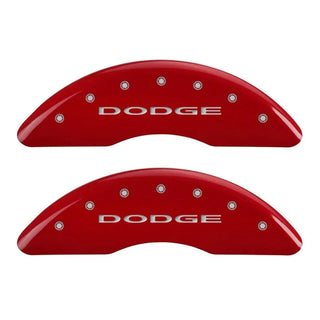 MGP Caliper Covers (FRONT AND REAR): Dodge Ram 2500 (2010) / Ram 3500 (2010) w/ Red Finish, Silver Characters, DODGE Logo