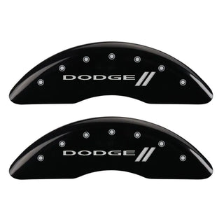 MGP Caliper Covers (FRONT AND REAR): Dodge Ram 2500 / Ram 3500 (2010) w/ Black Finish, Silver Characters, STRIPES Logo