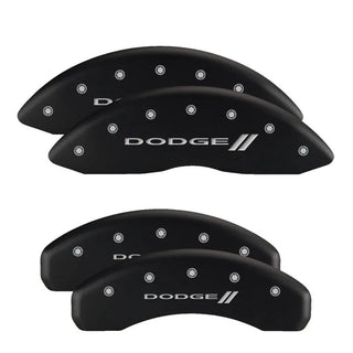 MGP Caliper Covers (FRONT AND REAR): Dodge Ram 2500 / Ram 3500 (2010) w/ Black Finish, Silver Characters, STRIPES Logo